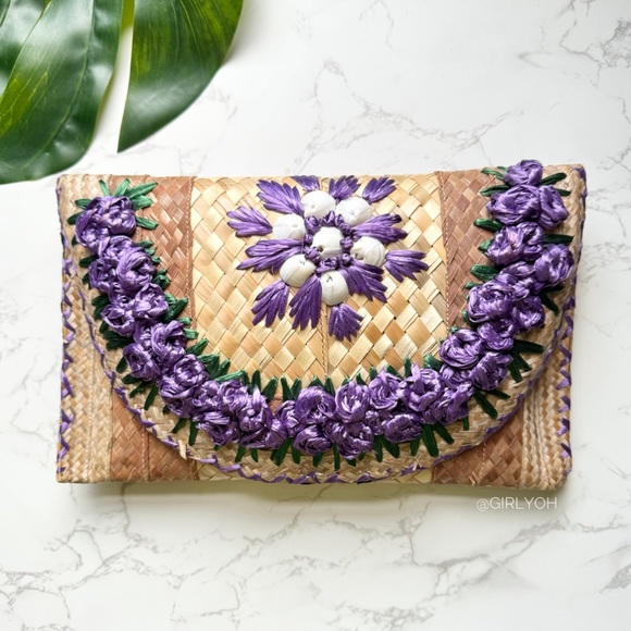 Vintage Handbags - Purple Raffia Straw Weave Woven Oversized Clutch Bag Purse